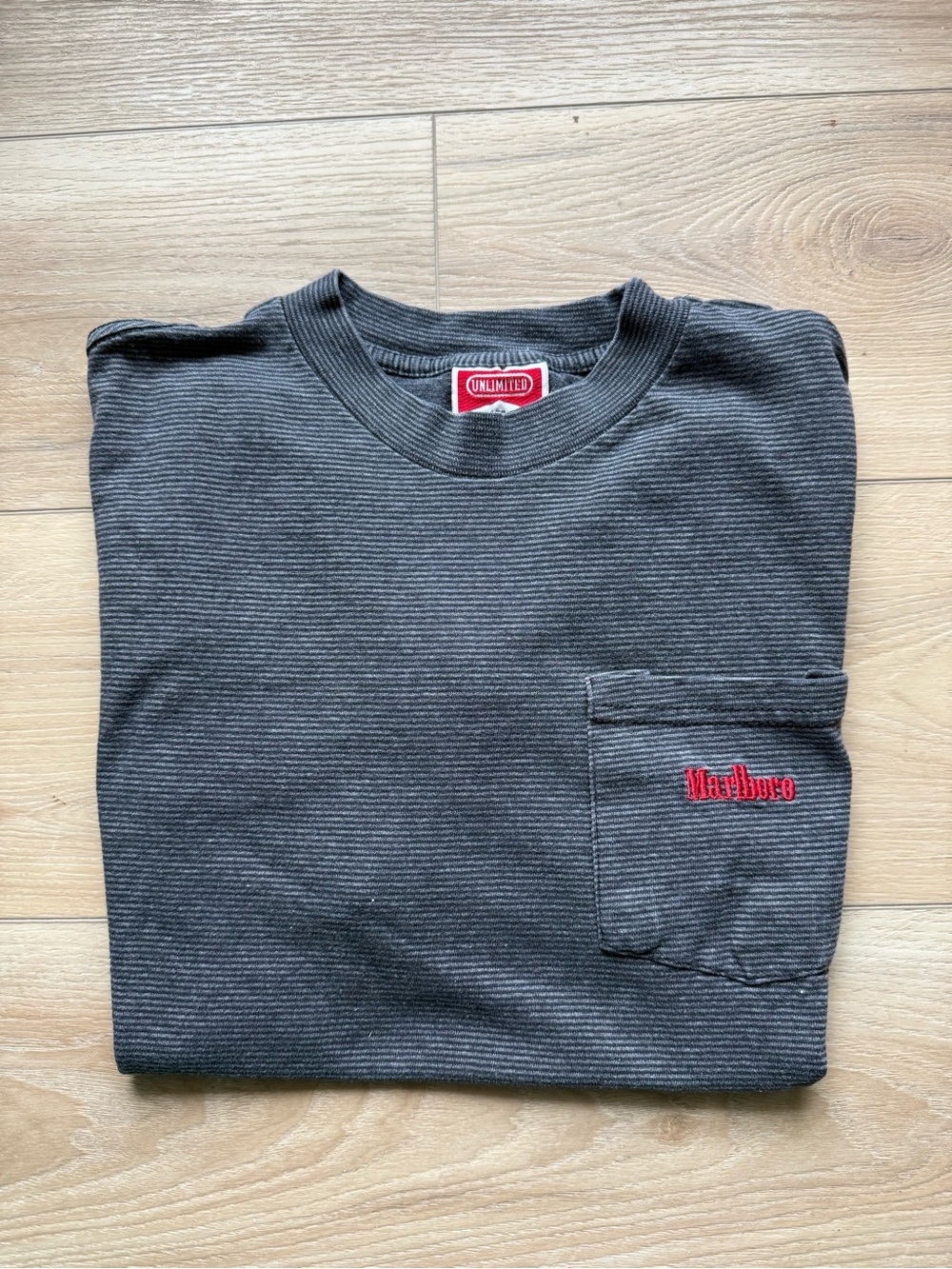 Pro Marlboro Embroidered Pocket Crewneck - Dark Gray stripe. Unisex S/M